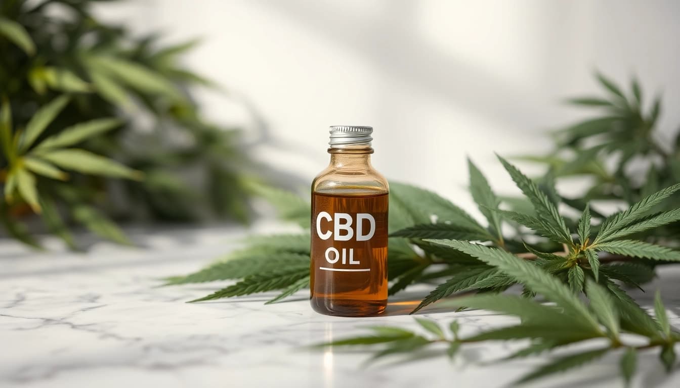 Highlighting a glass bottle of CBD Oil surrounded by fresh hemp leaves for wellness.