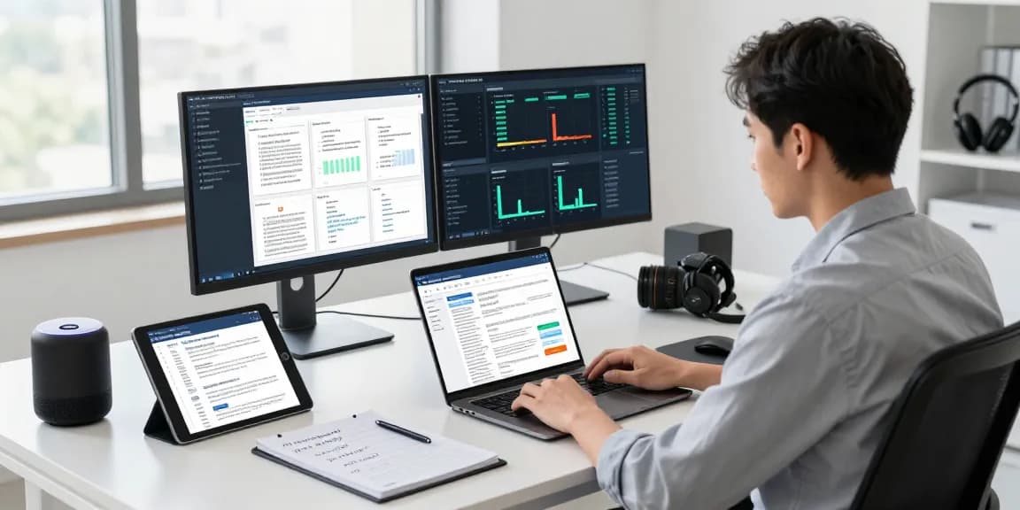 Detect PDF fraud in a modern office setting with an analyst evaluating document verification metrics.