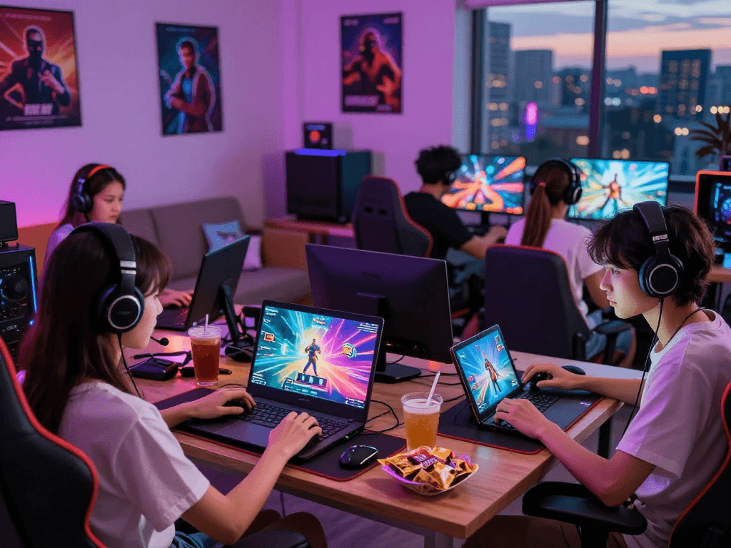 Engaged players enjoying free porn games on various devices in a cozy gaming room