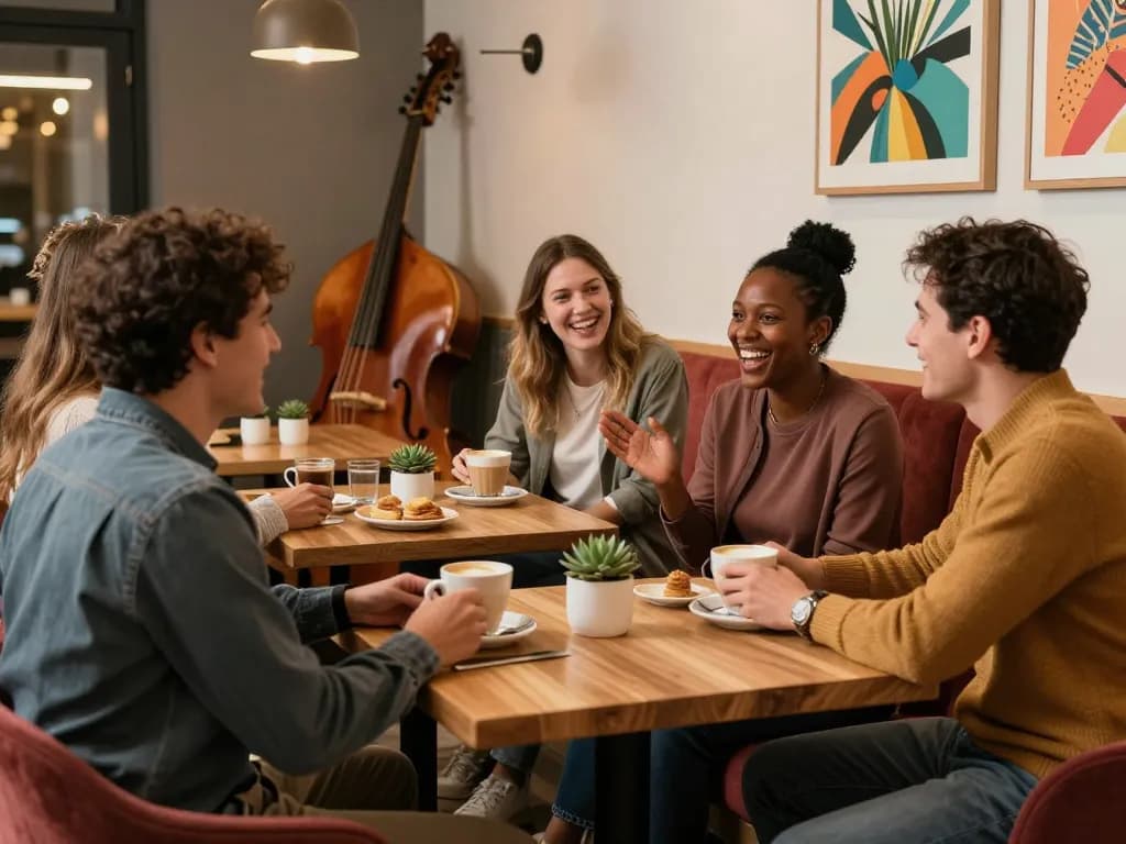 NSFW themed café scene with friends laughing and engaging over coffee, showcasing adult social interactions in a lively atmosphere.