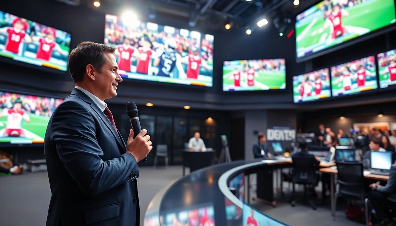 Engaging Sports Broadcasting scene with an enthusiastic anchor, vibrant studio, and dynamic screens.