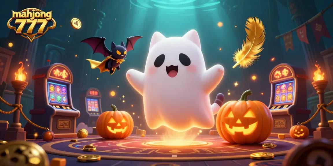 Engage in thrilling mahjong 777 action with a ghost cat in a haunted casino scene full of slot machines.