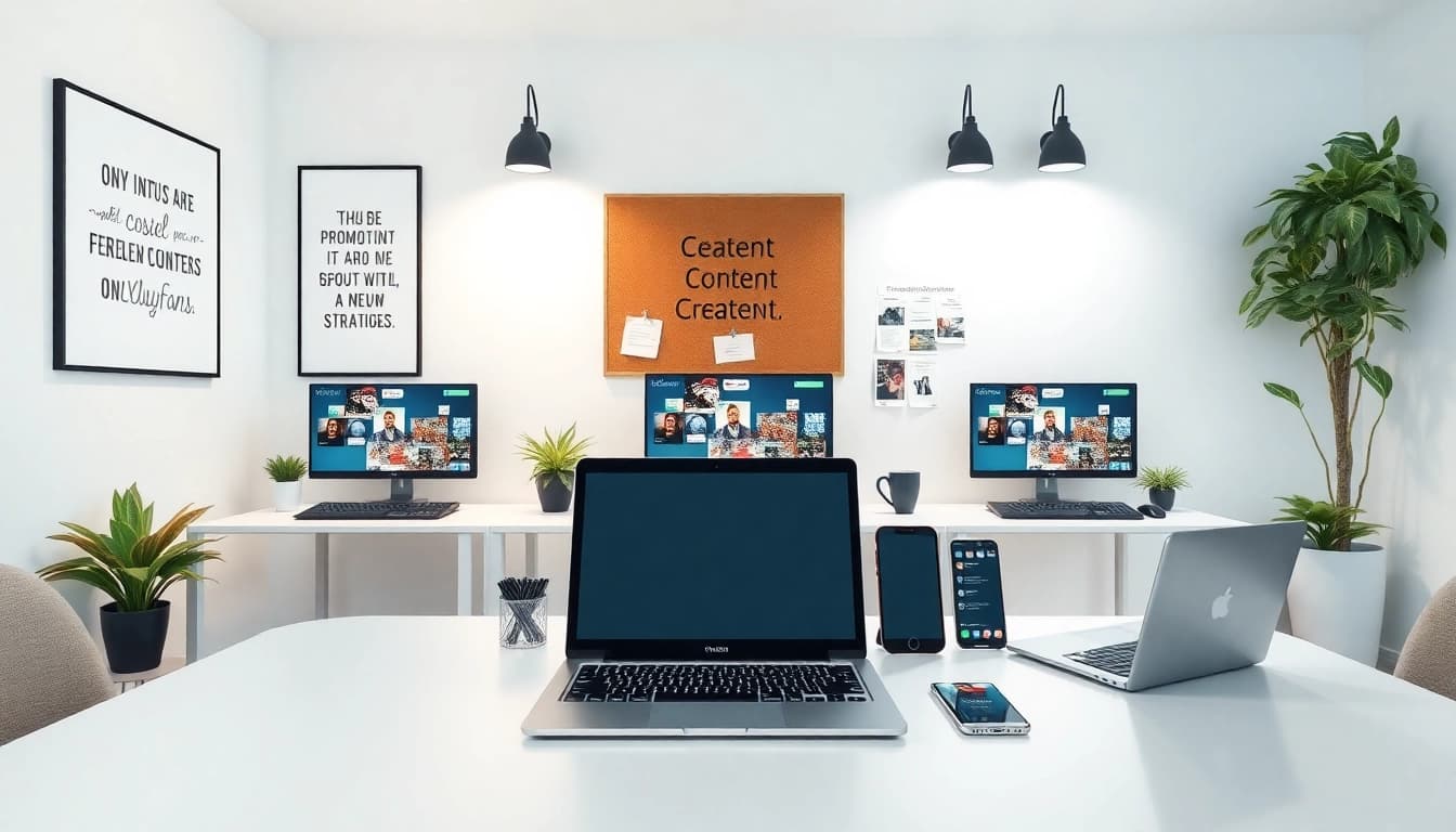 Onlyfans promotion tools illustrated in a creative workspace featuring tech and motivational elements.