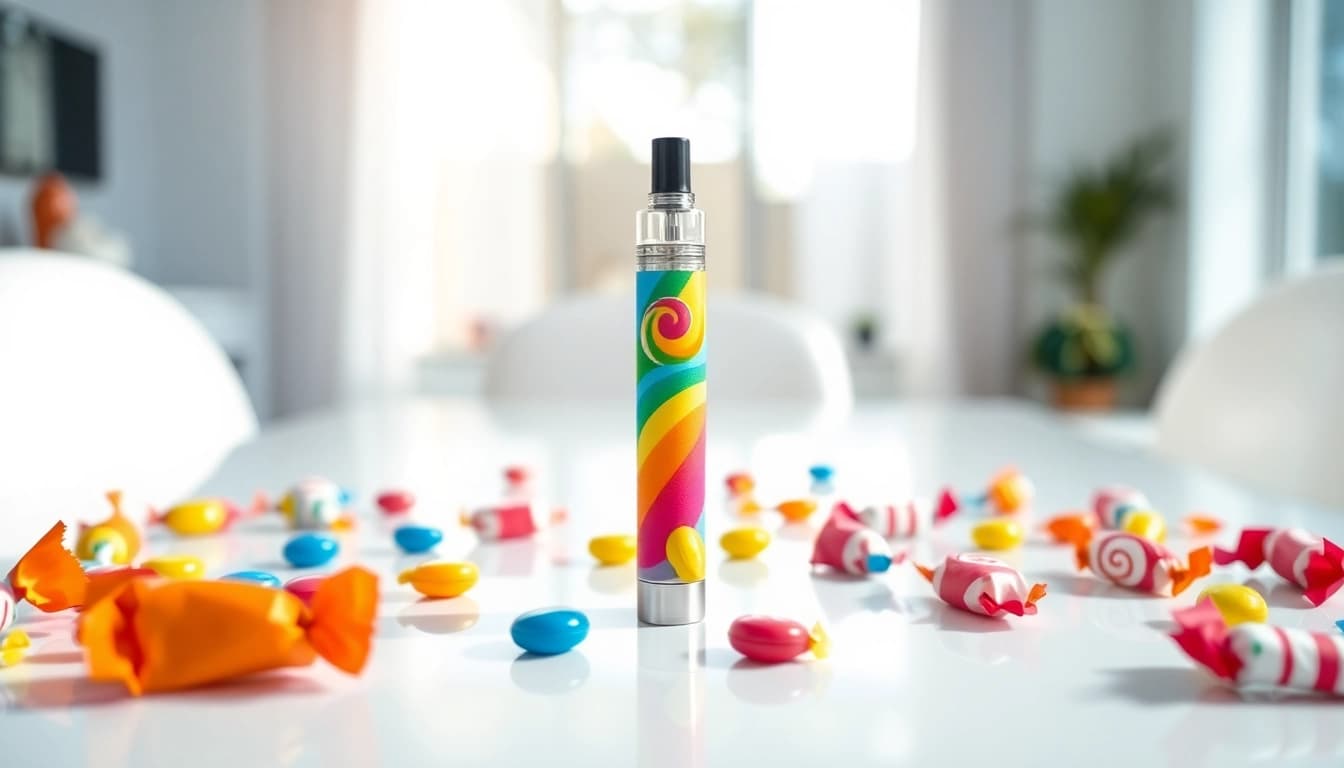Emphasizing the candy vape pen with a colorful theme, highlighting its appealing design against candy wrappers.