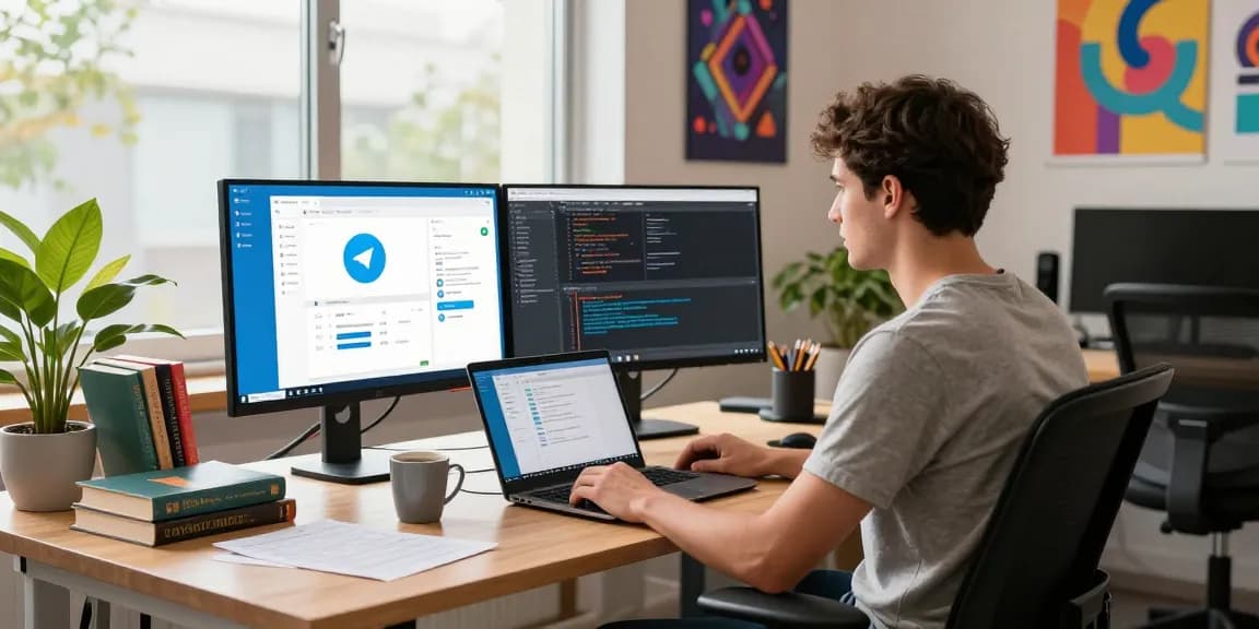 Install telegram中文版下载 on a modern tech workspace, featuring dual monitors and collaborative tools.