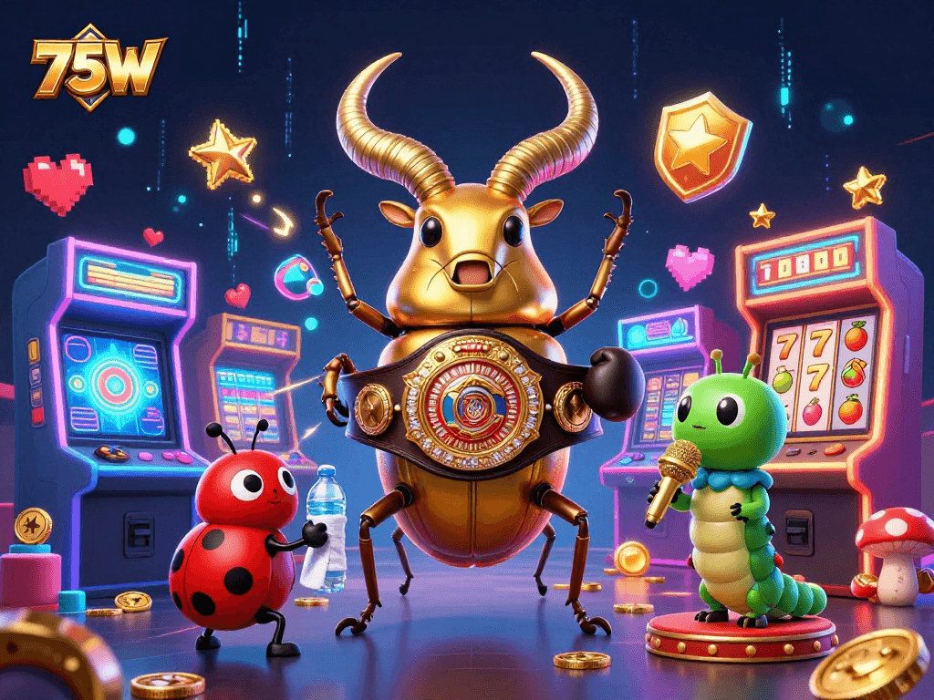 Aposte no 75W: ilustração 3D vibrante de um besouro dourado lutando em um cassino dinâmico.