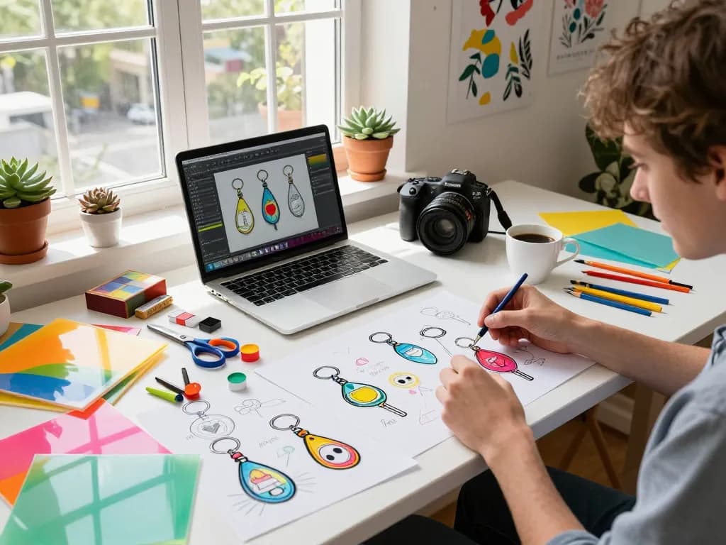 Designer creating customized key chains with colorful materials in a sunlit workspace.