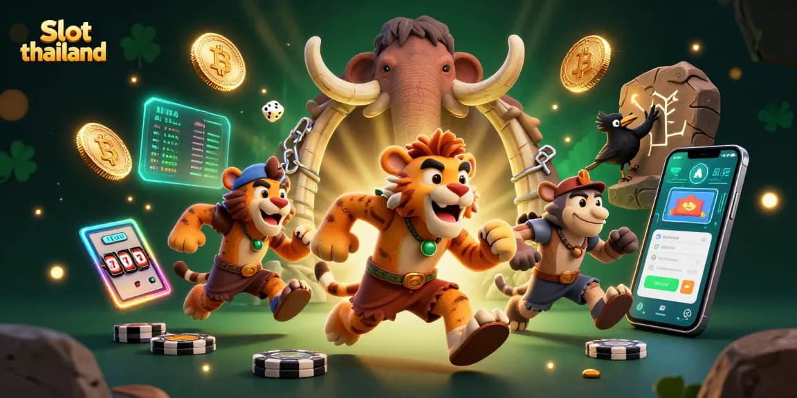 Play thrilling slot thailand games with cave-themed characters and vibrant casino elements in this dynamic illustration.