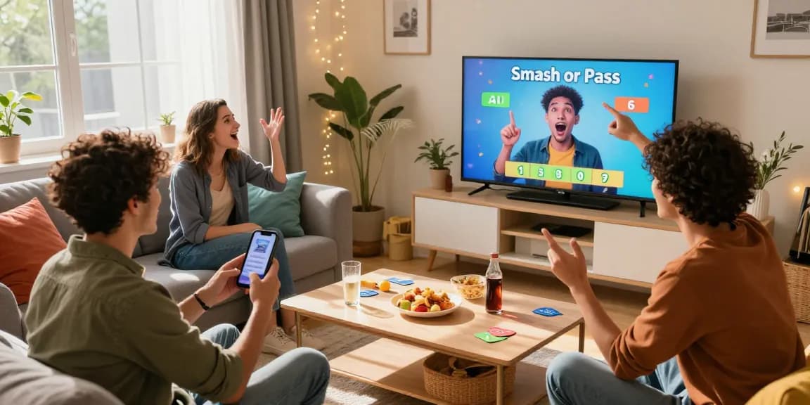 Friends enjoying a lively Smash or Pass AI game in a bright living room setting, featuring interactive AI-generated images.