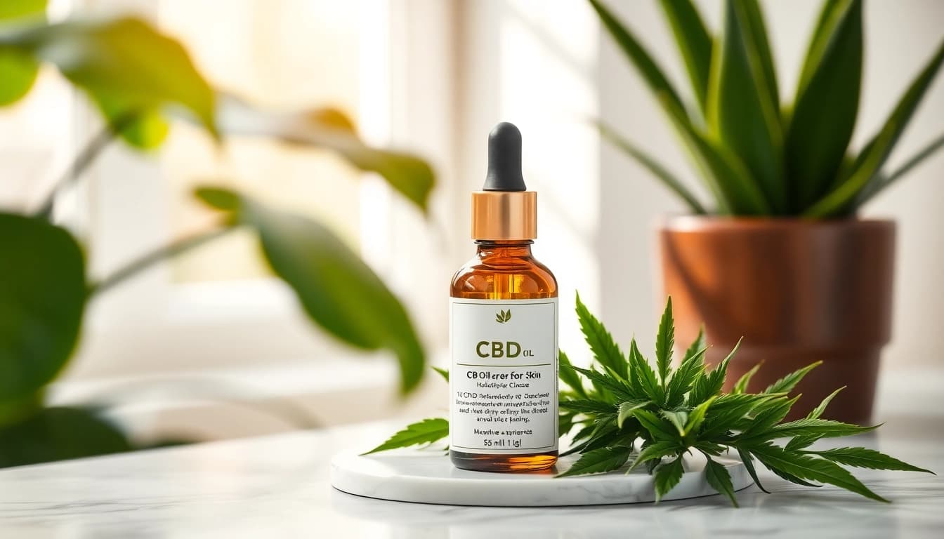 Showcasing CBD oil for skin in a serene, natural setting with plants and soft lighting.