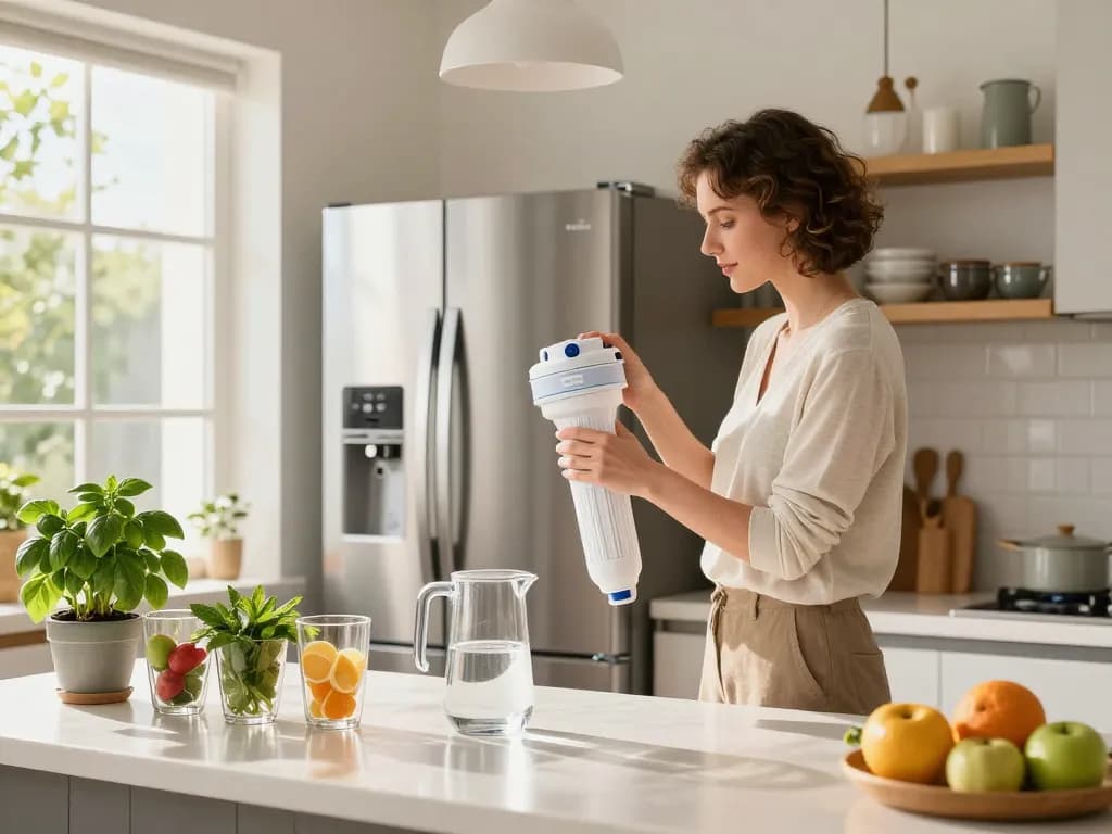 AQUA CREST ADQ73613401 Refrigerator Water Filter being replaced in a modern kitchen, showcasing fresh ingredients and a bright, inviting atmosphere.