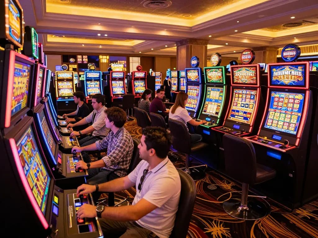 Players enjoying dynamic slot gacor games at a colorful casino with vibrant machines and exciting atmosphere