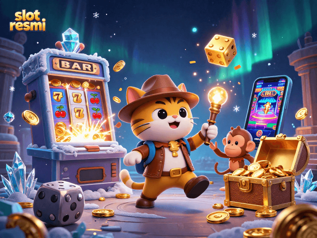 Experience the thrill of winning with slot resmi while an explorer archaeologist cat uncovers treasures in a vibrant casino.