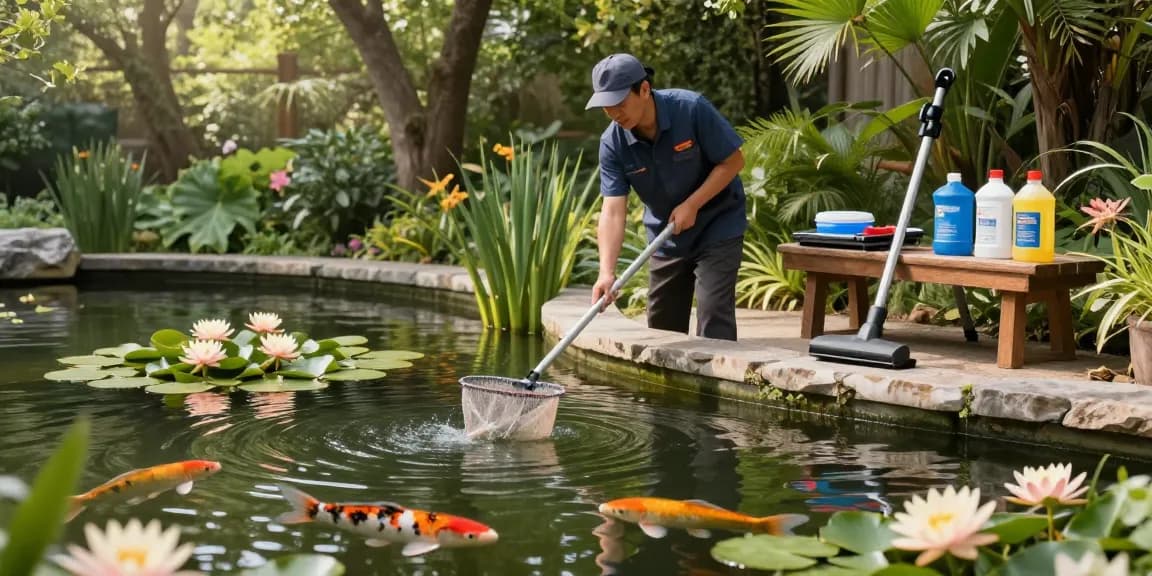 Professional Pond Cleaning London expert cleaning tranquil pond with vibrant greenery.