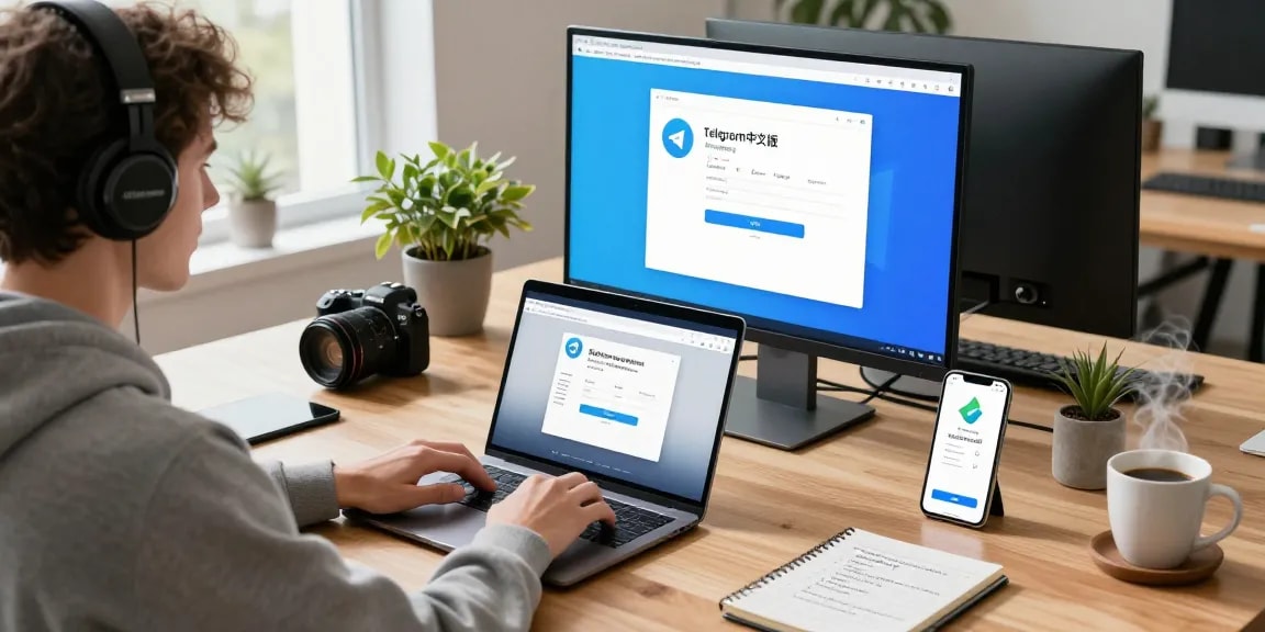 Experience seamless communication with telegram中文版下载 on various devices in a modern tech workspace.