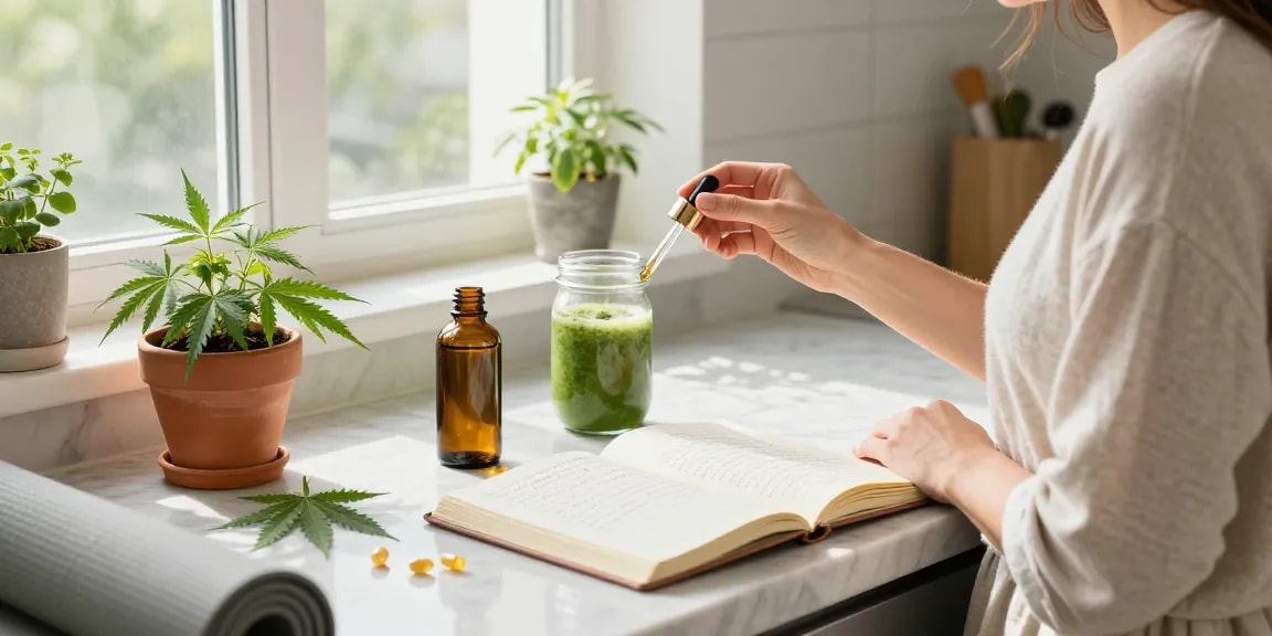 Ministryofcannabis CBD oil and natural wellness ambiance in a bright kitchen with fresh hemp and healthy ingredients.