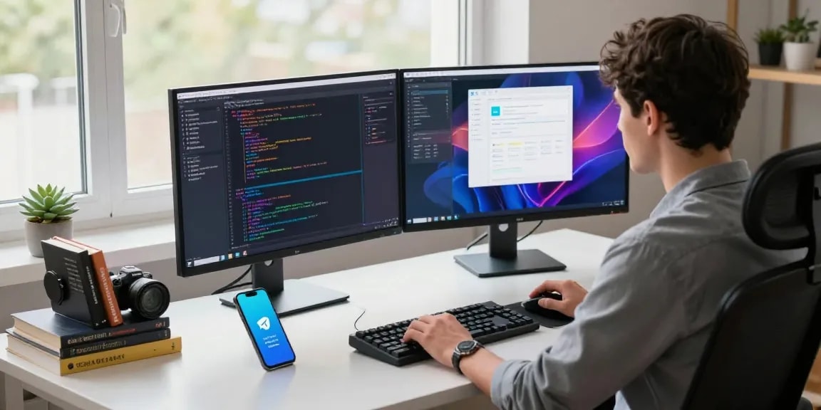 Developer using telegram中文版下载 in modern workspace with dual monitors and coding setup.
