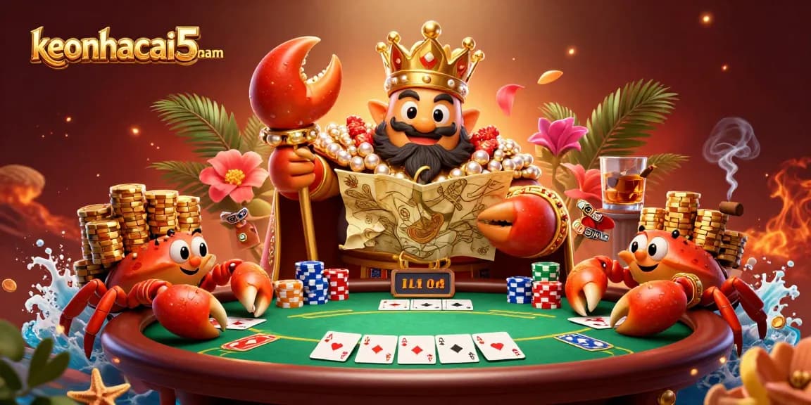 Engage in thrilling poker games at keonhacai5nam with cartoon crab emperor and vibrant casino atmosphere.