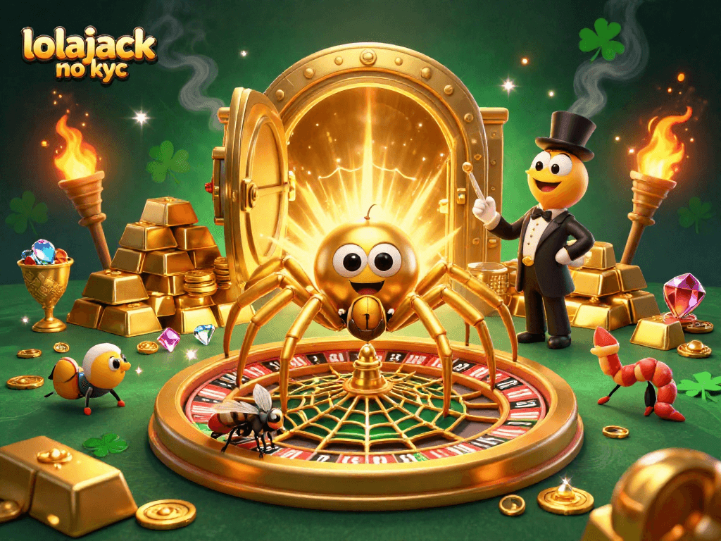 Place bets with lolajack no kyc in this vibrant casino-themed illustration packed with golden treasures.