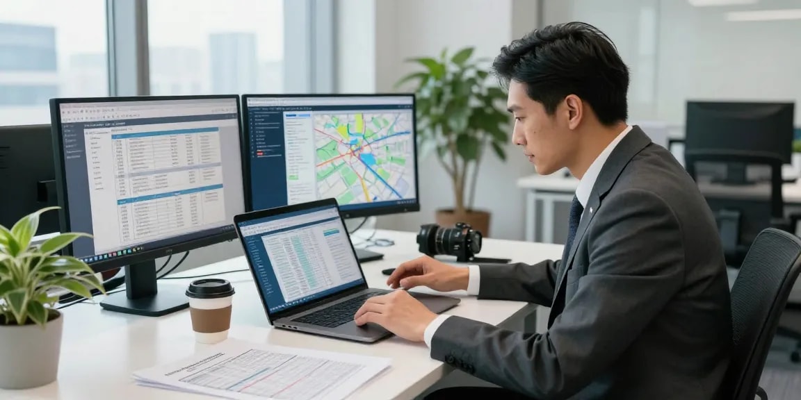 Investigator analyzing asset tracing data in a modern office setup.