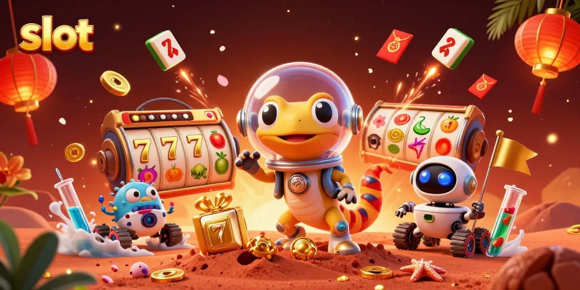 Slot dengan gecko Mars dan robot menemukan kasino emas di pasir merah, penuh detail menarik.