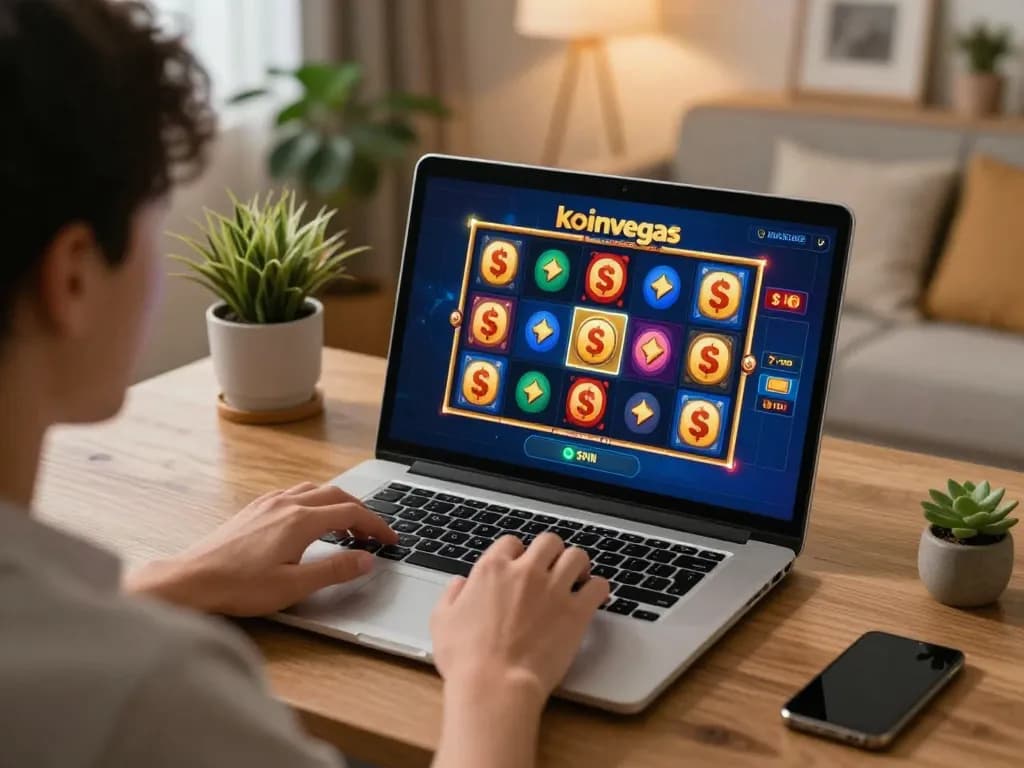 Exciting moment of playing koinvegas slot on a laptop in a cozy home setting.