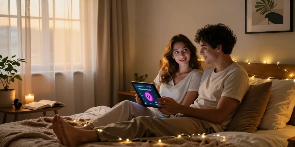 Couple enjoying a cozy conversation using sex AI chat on tablet in warmly lit bedroom.