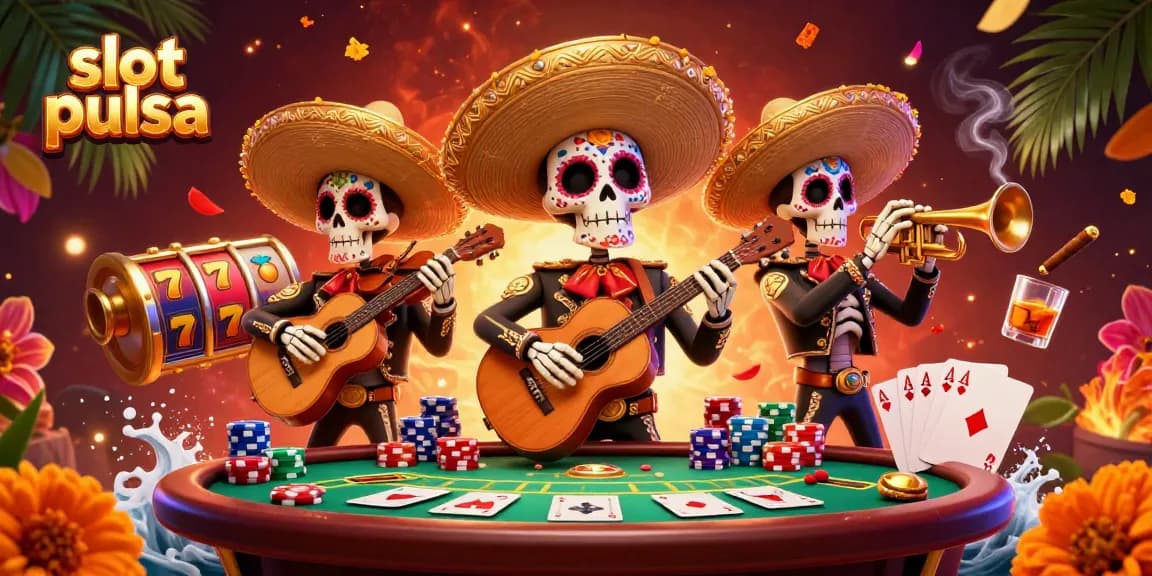 Slot pulsa menghadirkan ilustrasi ceria dengan band mariachi, simbol permainan, dan suasana kasino yang hidup.