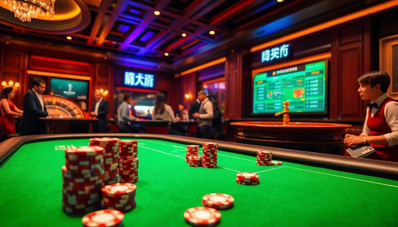 Experience the thrill of แทงบอล at an elegant casino, with vibrant betting tables and excited patrons.