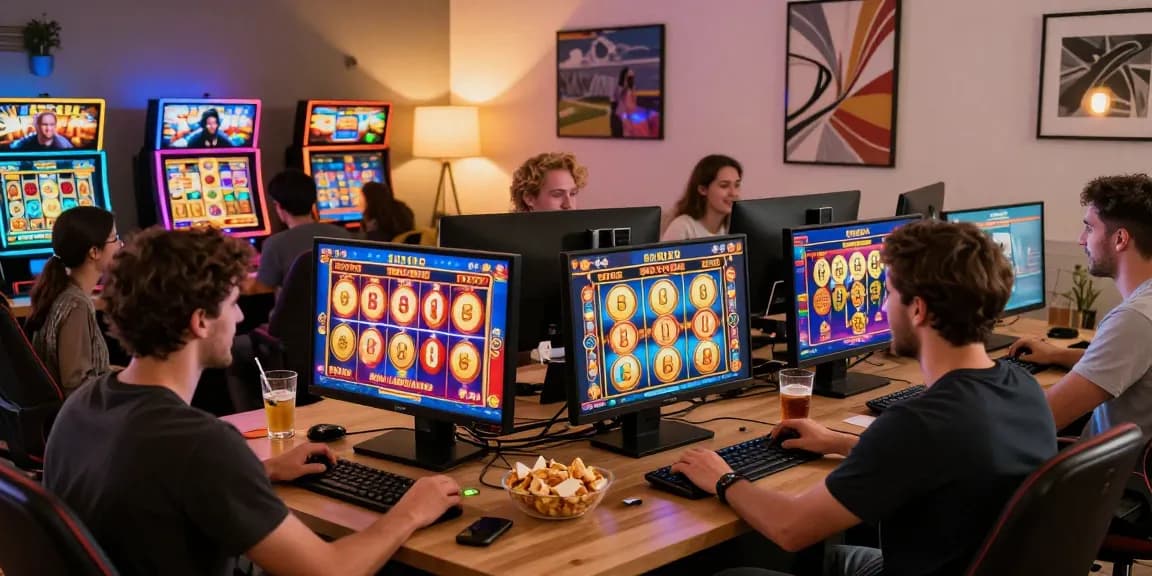 Players enjoying colorful slot games online, celebrating big wins and jackpots.