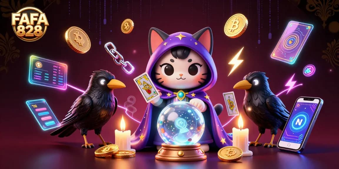 Engage with FAFA 828 in a vibrant 3D casino scene featuring mystical characters and crypto elements.