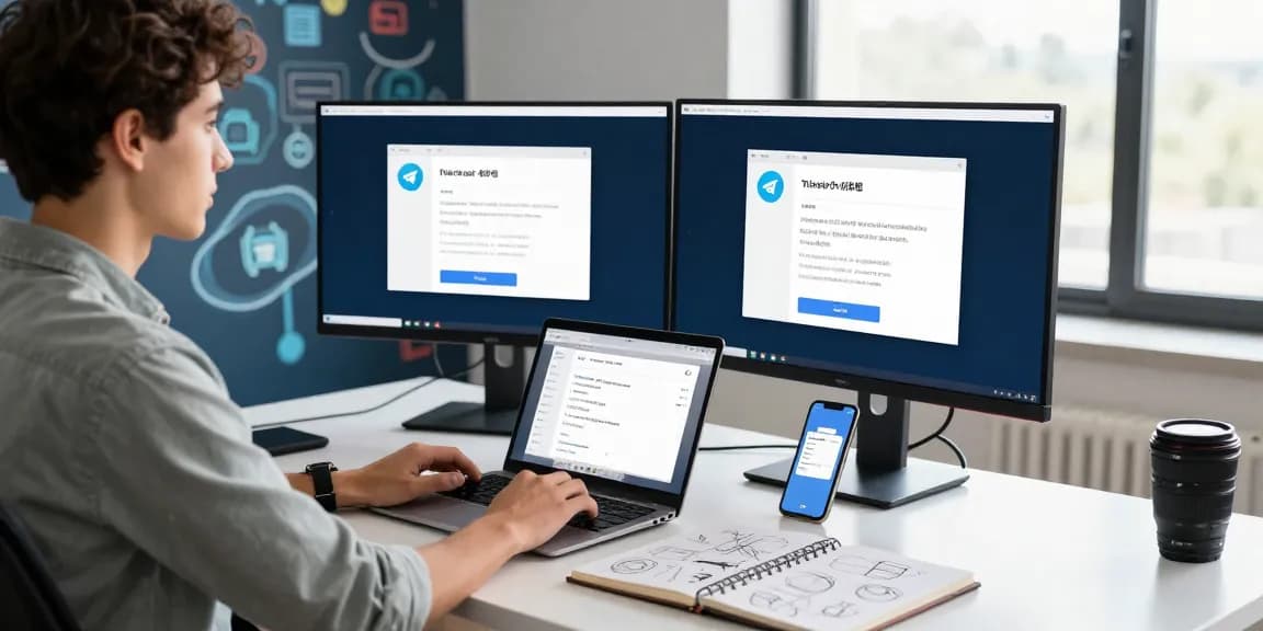 Developer optimizing 纸飞机中文版 on dual monitors in a modern tech workspace