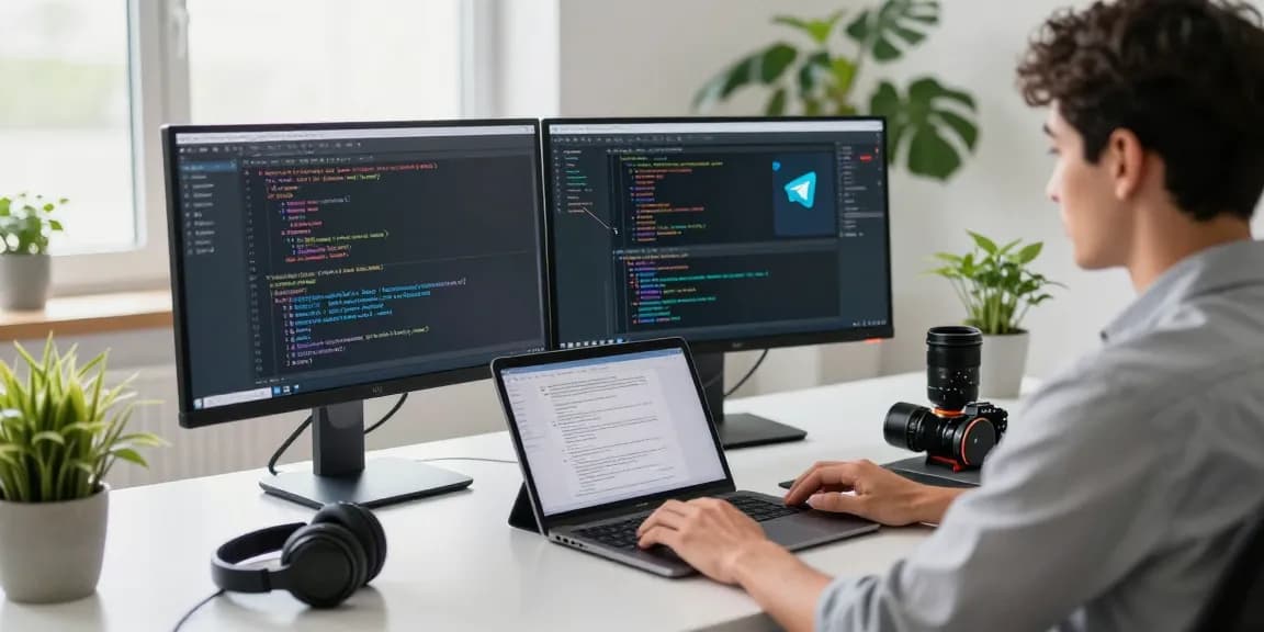 Developer using 纸飞机中文版 in a modern tech workspace, showcasing productivity and innovation.