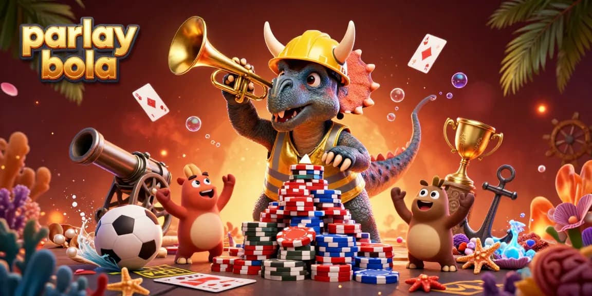 Engage in parlay bola betting with vibrant cartoon characters celebrating gambling wins.