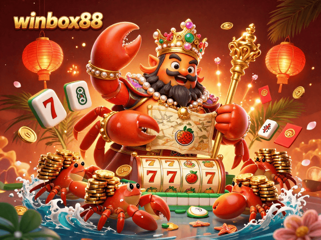 Experience the excitement of winbox88 with a vibrant illustration featuring a golden crab emperor and casino elements.