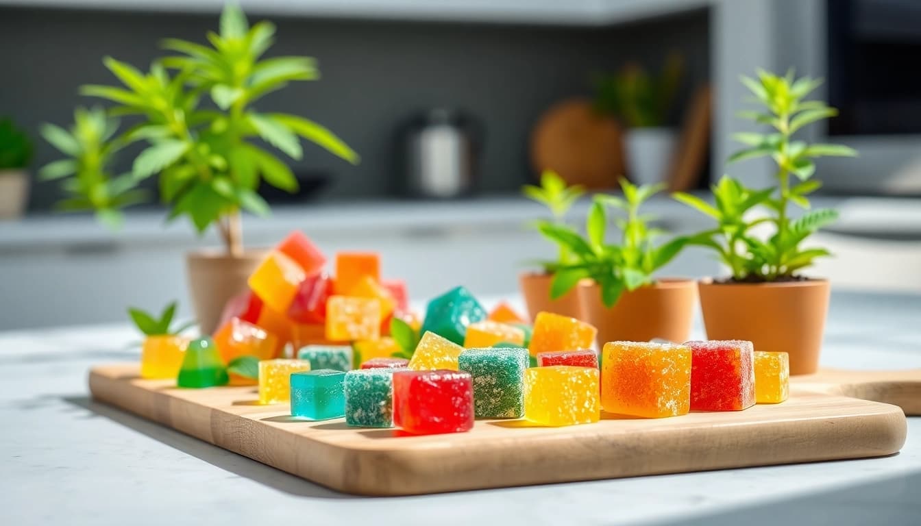 Showcase Weed Gummies in bright kitchen light, emphasizing their colorful and healthy appeal.