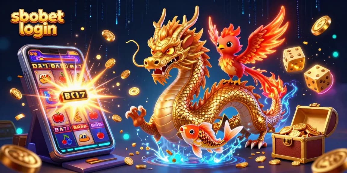 Engage with sbobet login through a vibrant, action-packed casino illustration featuring dynamic gaming elements.