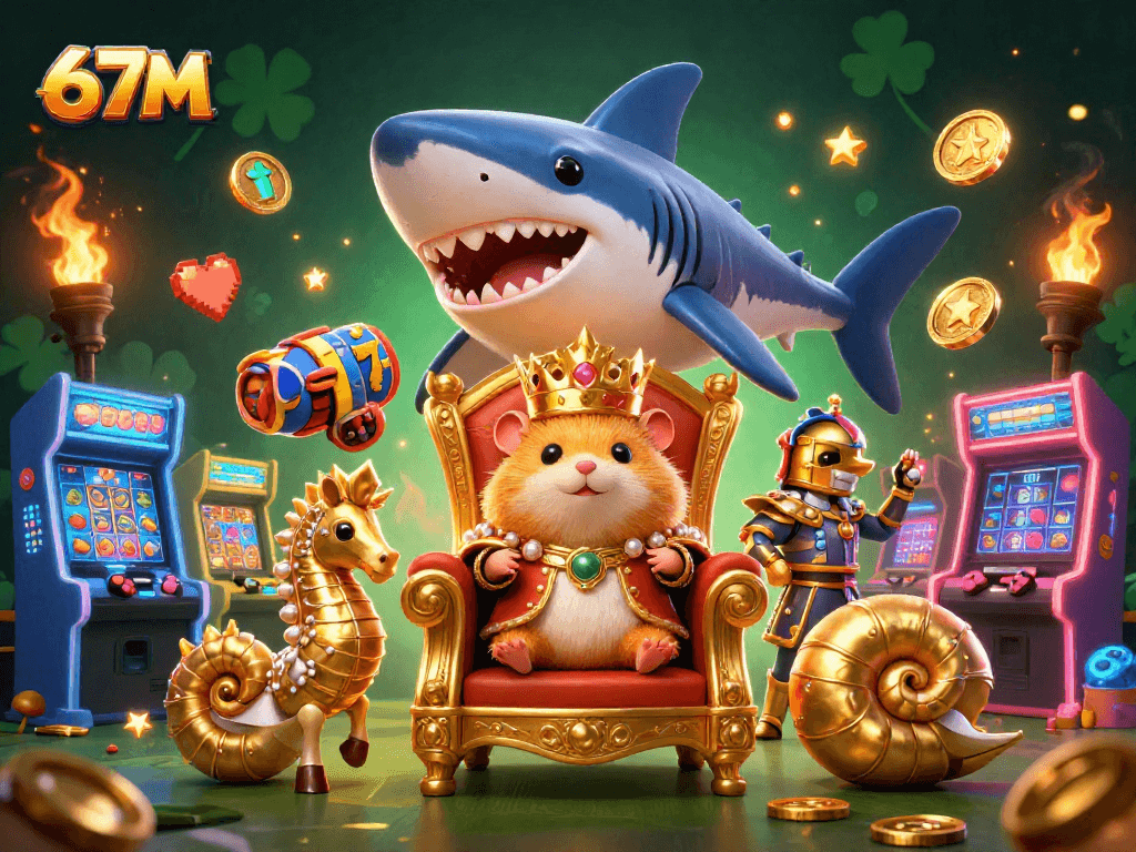 O rei hamster dourado no trono de dentes de megalodon no estúdio do cassino 67M.