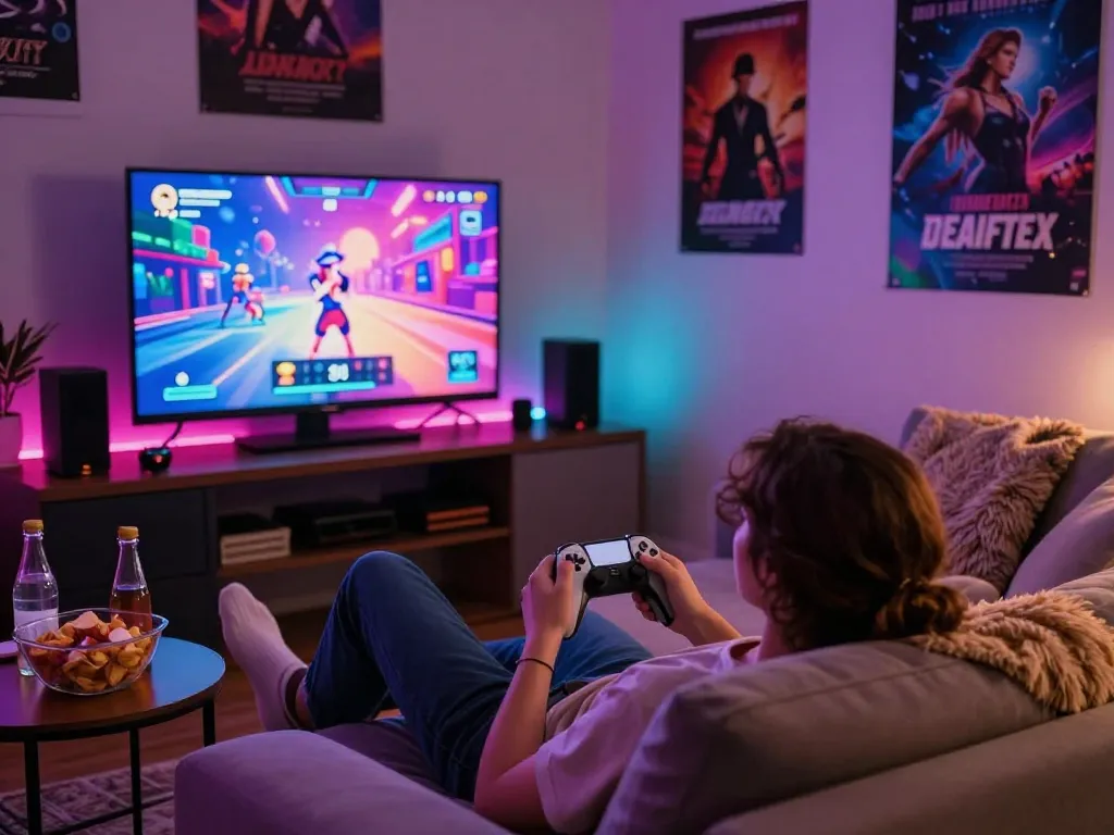 Person enjoying online sex games in a cozy gaming setup with vibrant visuals.