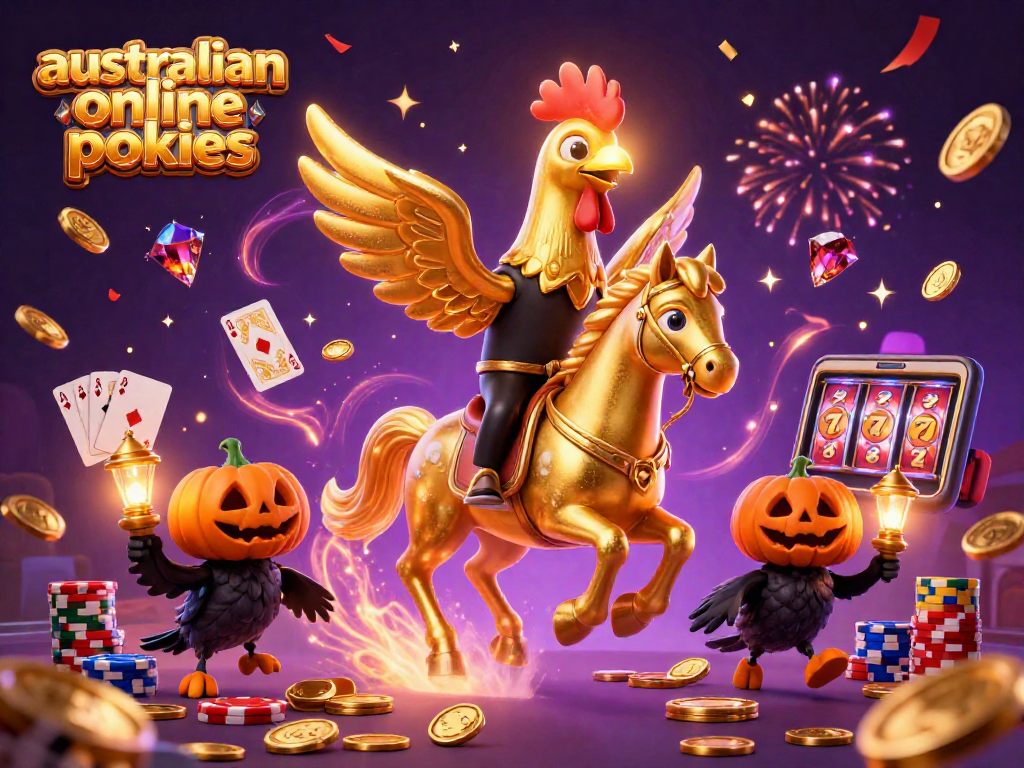 Engage in australian online pokies excitement with golden rooster and slot machines in a vibrant casino scene.