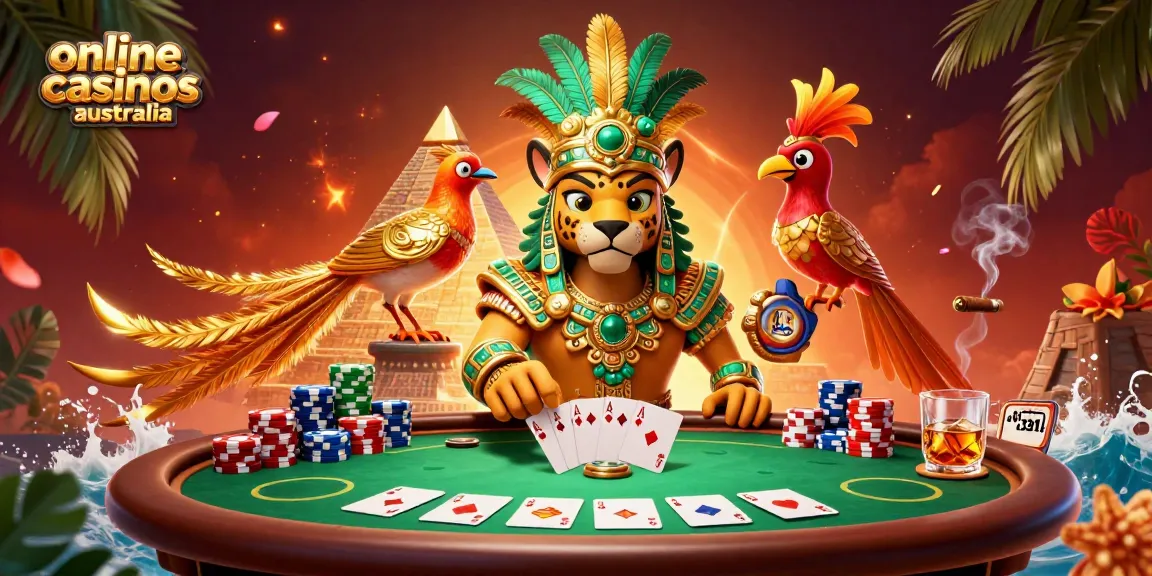 Engage in online casinos Australia with vibrant 3D casino scene featuring a Mayan jaguar priest.