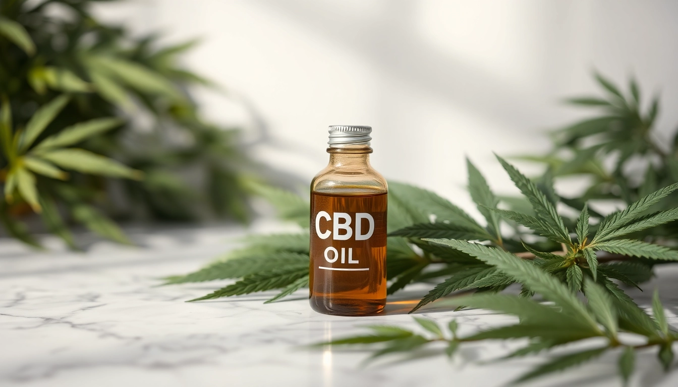 Highlighting a glass bottle of CBD Oil surrounded by fresh hemp leaves for wellness.