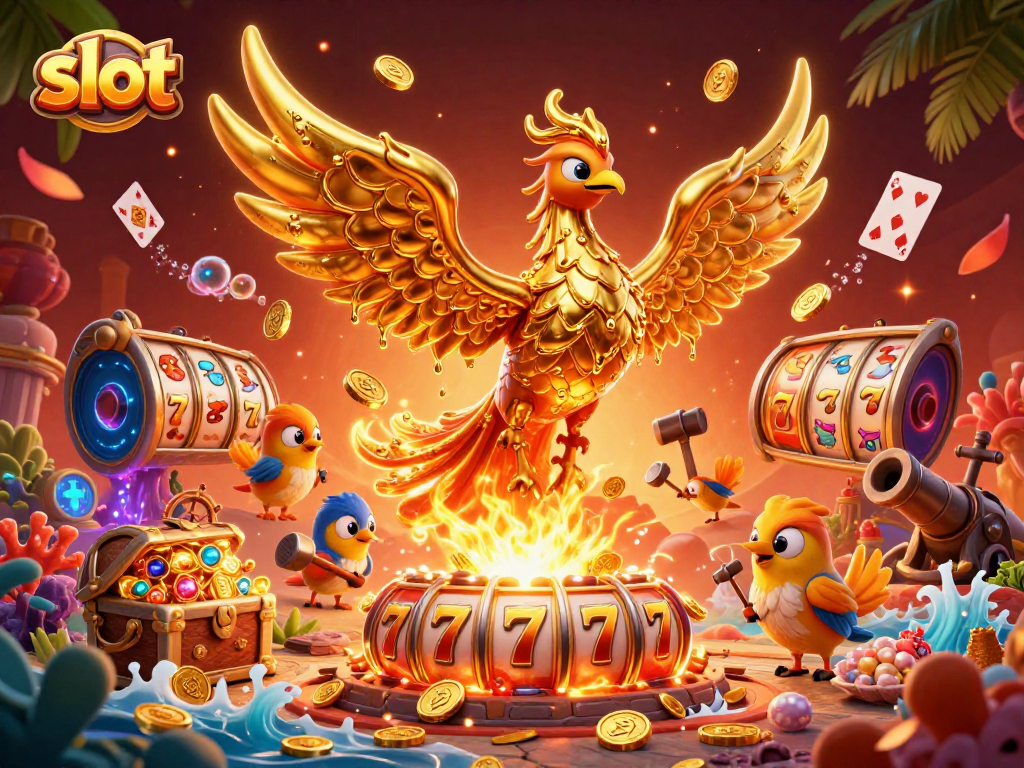 Join the thrilling slot adventure as liquid gold drips from a molten phoenix in a vibrant casino scene.
