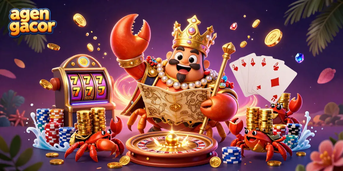 Agen gacor features a royal crab emperor surrounded by slot machines and golden coins, capturing thrilling casino excitement.