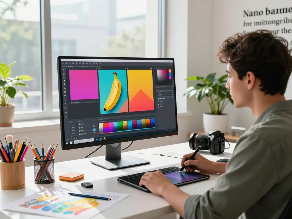 Creative professional using nano banana for AI image editing in a bright studio.
