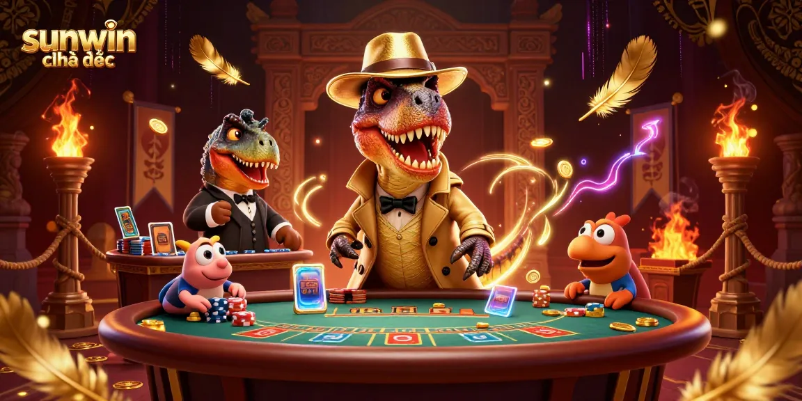 Engaging scene of velociraptor and friends at a blackjack table promoting sunwin chính thức, high-stakes gambling action.