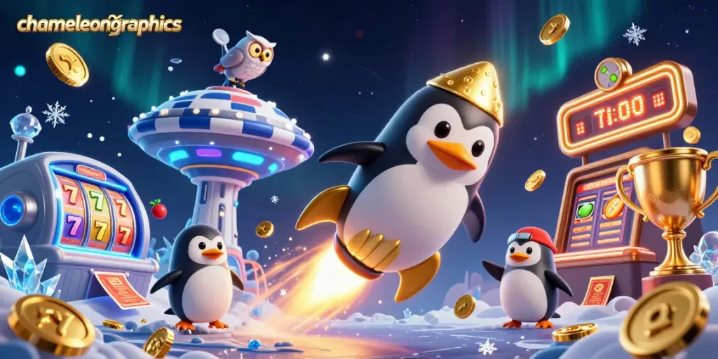 chameleongraphics presents a dynamic casino-themed illustration with a golden penguin and vibrant game elements.