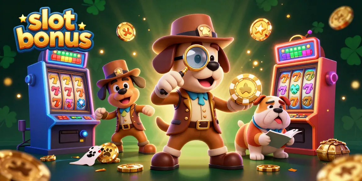 Unlock exciting slot bonus opportunities with a cartoon detective and loyal bulldog in a captivating casino scene.