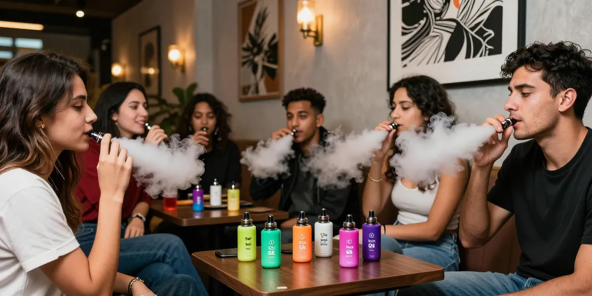 Al Fakher 8k Crystal Vapes in einer urbanen Lounge mit Gesellschaft, bunten Vapes und aromatischem Dampf.