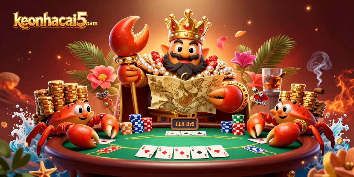 Engage in thrilling poker games at keonhacai5nam with cartoon crab emperor and vibrant casino atmosphere.